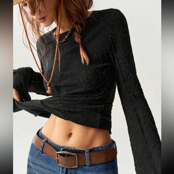 Boho brown lace patchwork bell sleeve top - Picture 11 of 16